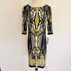 💛 Yellow Black Blue Geometric Tribal Print Knit Sheath Dress